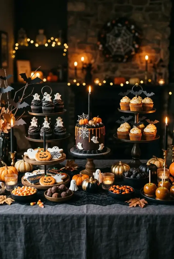 A dimly lit Halloween dessert table featuring ghost-topped cupcakes, a chocolate cake with spiderweb decorations, caramel apples, and small pumpkins.