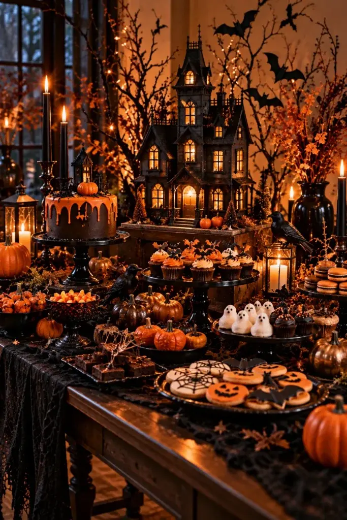 A dimly lit Halloween dessert table featuring a chocolate cake, ghost-shaped treats, and a glowing miniature haunted house surrounded by pumpkins and candles.
