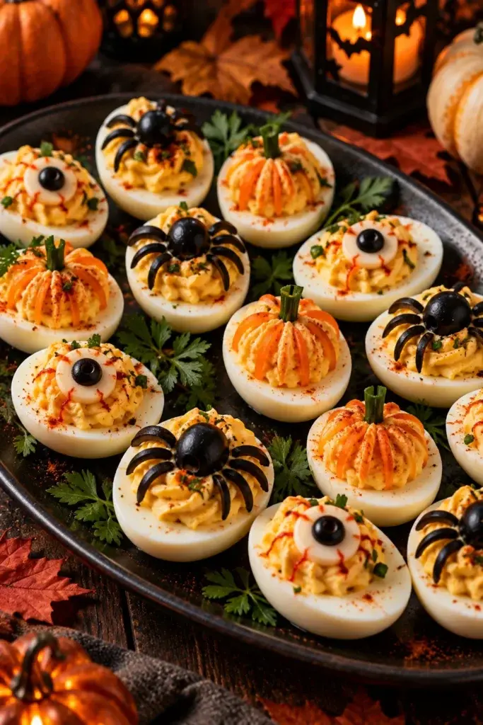 A platter of deviled eggs decorated to look like pumpkins, spiders, and eyeballs, garnished with herbs and paprika on a dark wooden table.
