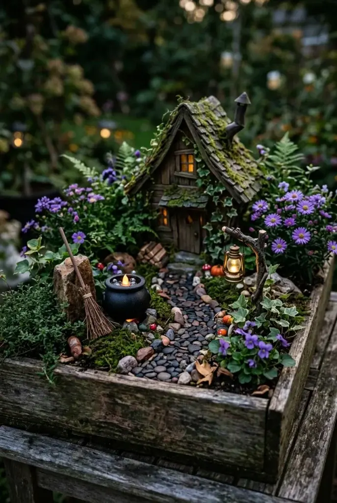 A miniature fairy cottage with a mossy roof sits in a weathered wooden box, surrounded by purple flowers, a small broom, a black cauldron with a lit candle, and a glowing lantern.