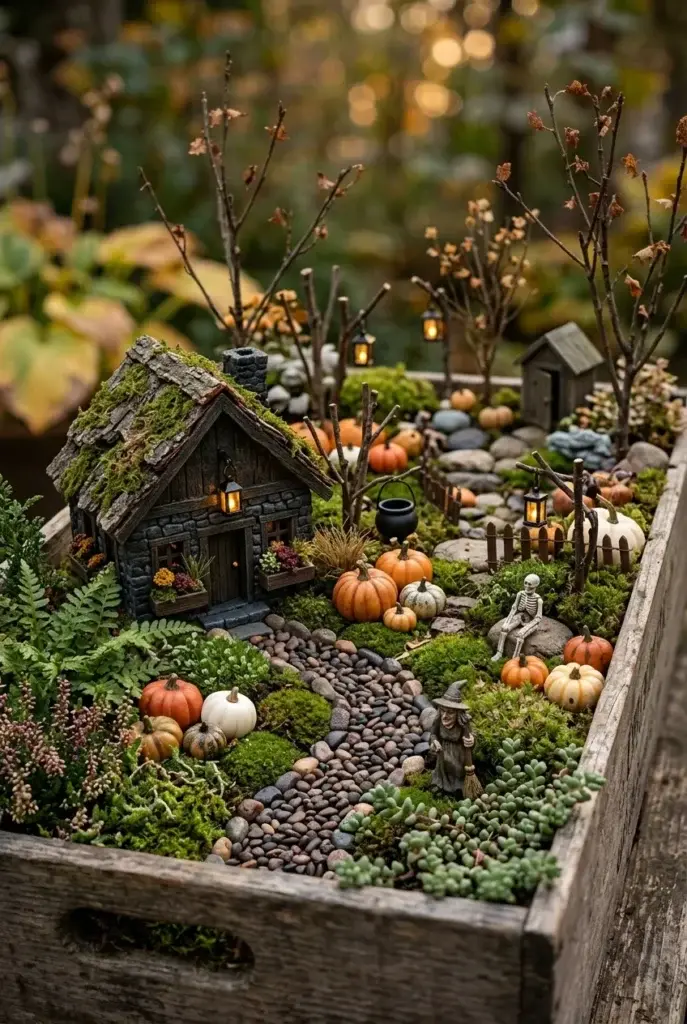 A miniature Halloween fairy garden in a wooden crate featuring a mossy cottage, tiny pumpkins, a skeleton figure, and small lanterns.
