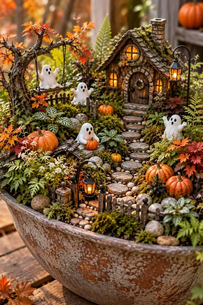 A miniature fairy garden in a weathered metal bowl featuring a tiny cottage with glowing windows, small white ghost figurines, and miniature pumpkins nestled among moss and autumn leaves.
