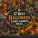 A collage of four miniature Halloween scenes featuring a pumpkin house, a graveyard with tombstones, a gothic cottage, and a fairy village with a ghost figure.