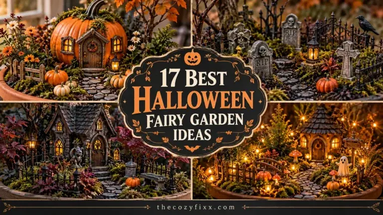 A collage of four miniature Halloween scenes featuring a pumpkin house, a graveyard with tombstones, a gothic cottage, and a fairy village with a ghost figure.