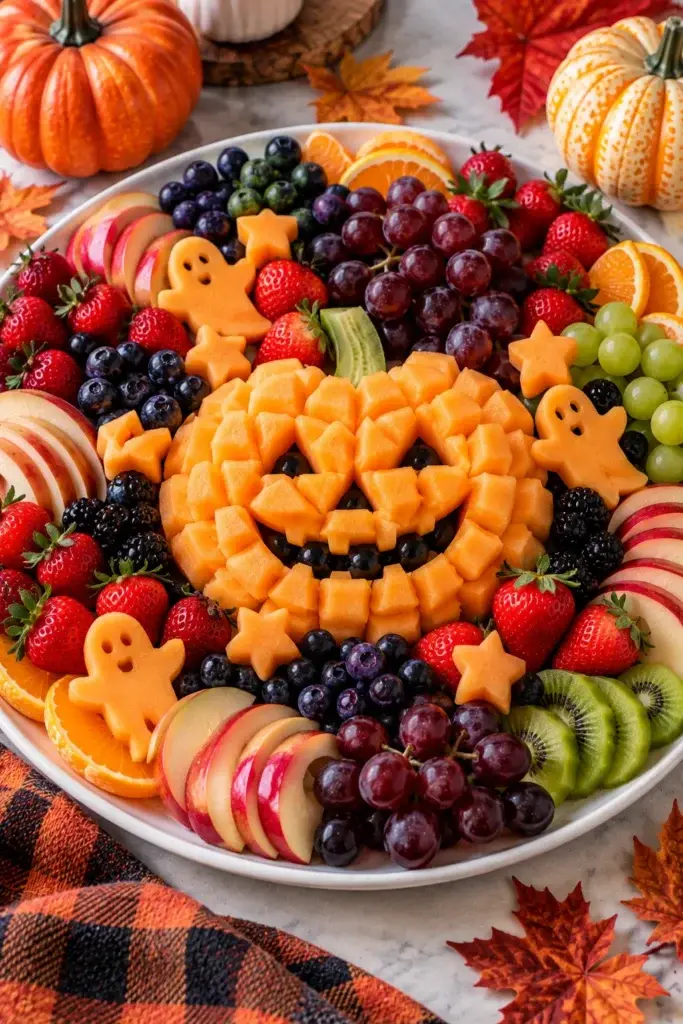 A white platter filled with a fruit and cheese arrangement featuring a jack-o'-lantern face made of cantaloupe, cheese ghosts, and star shapes, surrounded by strawberries, grapes, blueberries, and apple slices.
