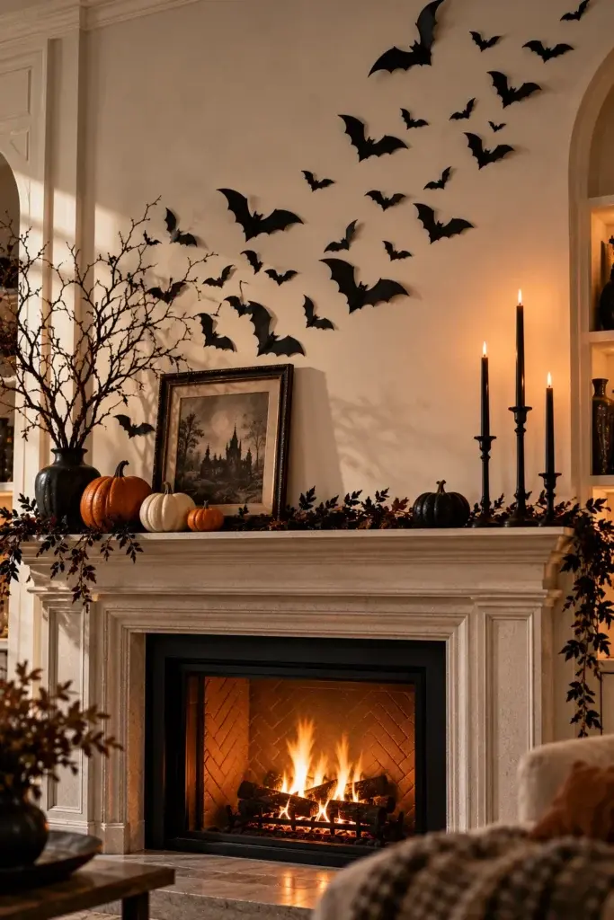 A white fireplace mantel decorated with black bat wall decals, tall black candles, small pumpkins, and a framed picture of a gothic castle.