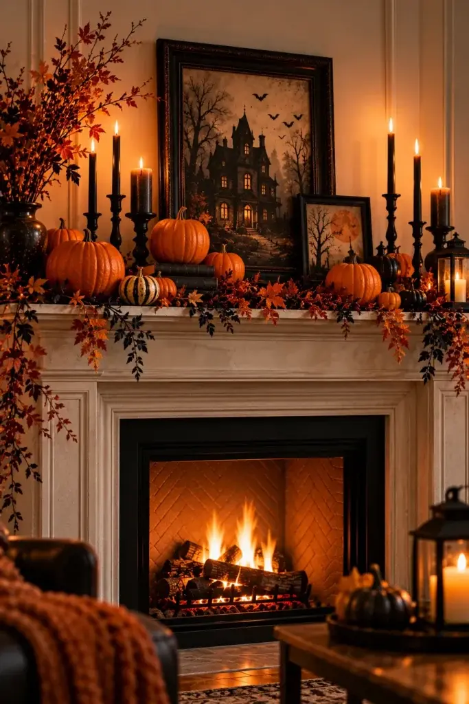A white fireplace mantel decorated with orange pumpkins, black taper candles, and autumn leaves, featuring a framed picture of a haunted house above a lit fire.