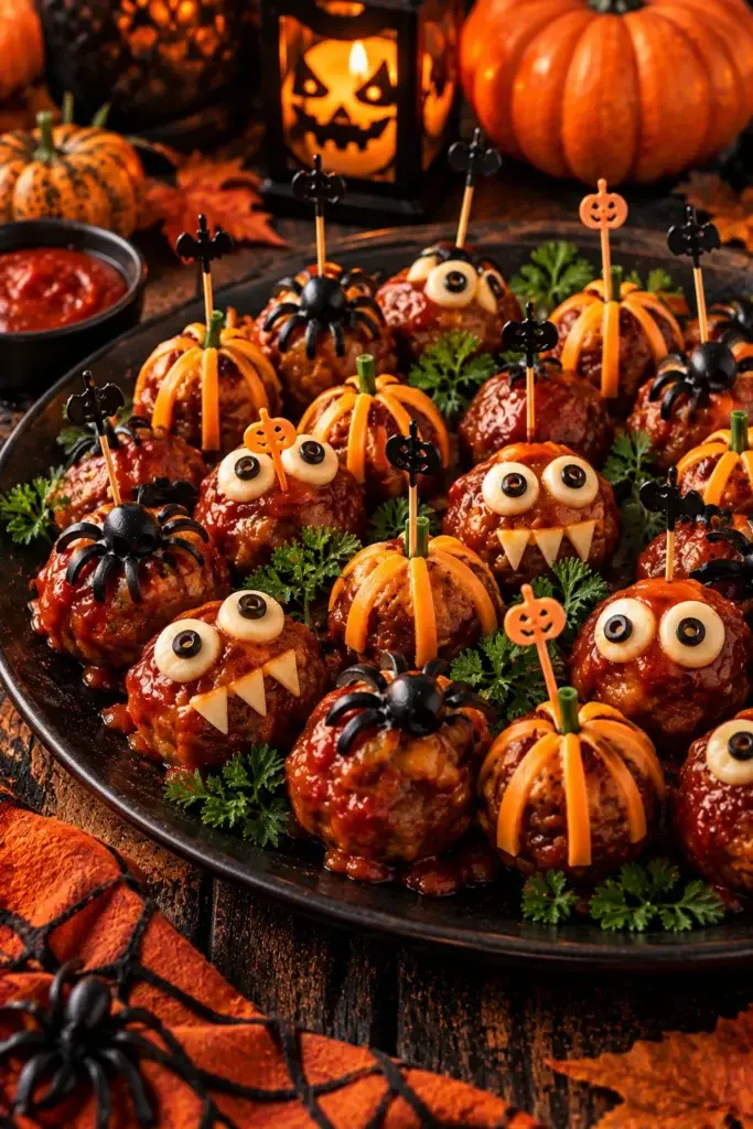 A platter of saucy meatballs decorated with cheese eyes, black olive pupils, and plastic spider and bat picks, served with a side of red dipping sauce.