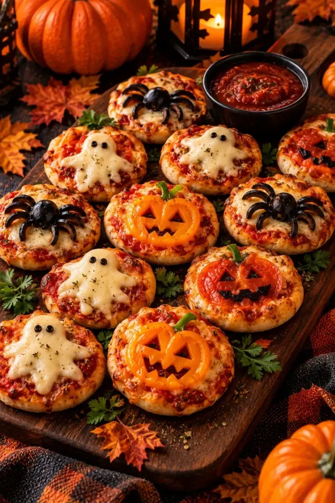A wooden board holds several mini pizzas topped with melted cheese shaped like ghosts and black olives arranged as spiders, served with a small bowl of marinara sauce and surrounded by pumpkins and autumn leaves.