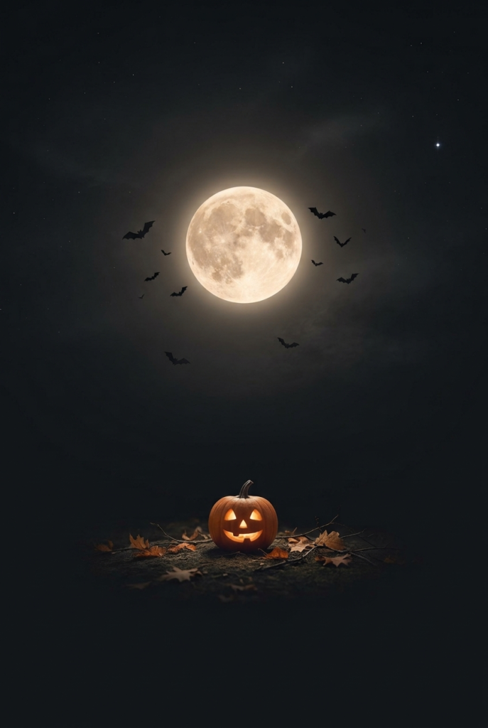 A dark night scene featuring a glowing jack-o'-lantern on the ground, a large full moon in the sky, and silhouettes of bats flying overhead.