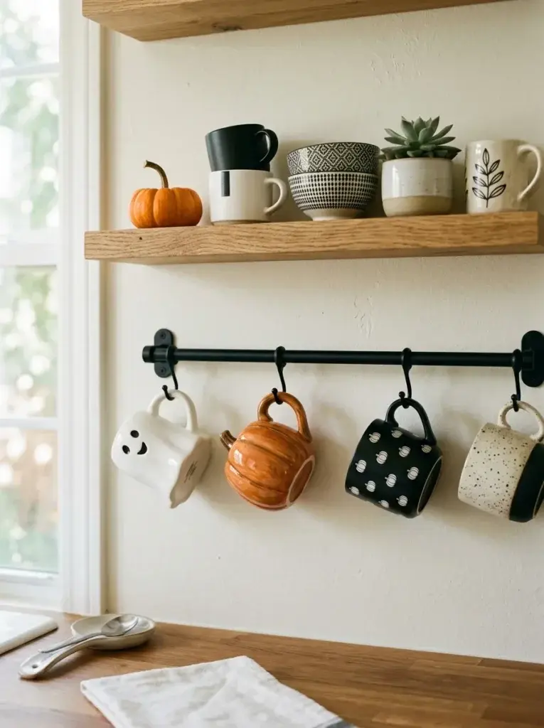 A wooden shelf holds a small pumpkin and mugs, while a black rack below displays hanging ceramic mugs shaped like a ghost and pumpkins.