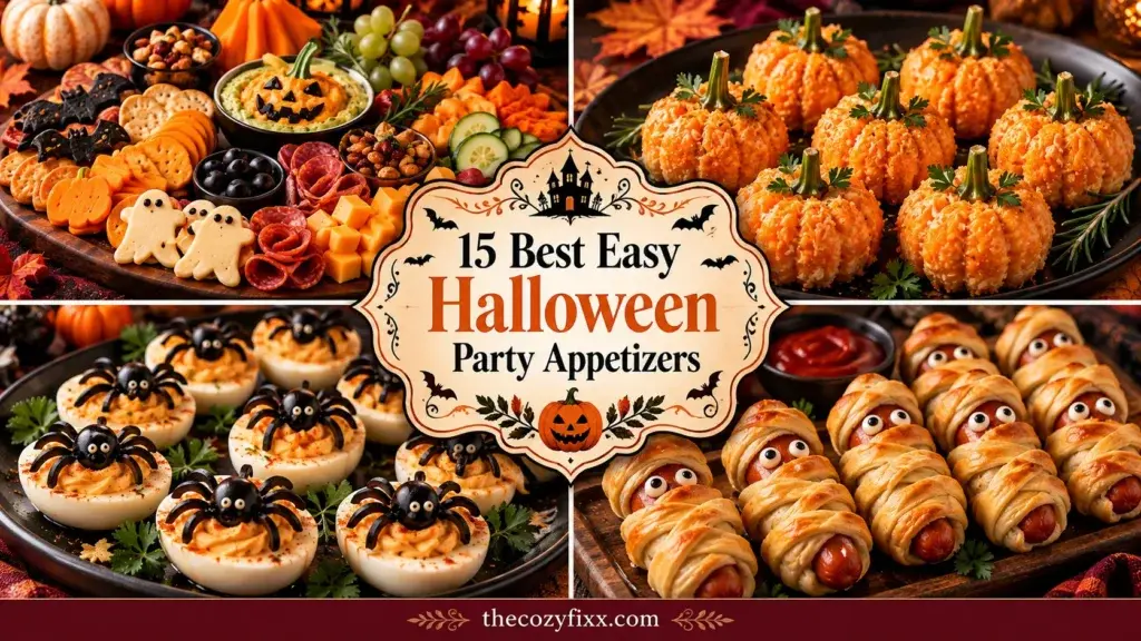 A collage of four Halloween-themed appetizers: a charcuterie board with pumpkin and ghost crackers, deviled eggs topped with black licorice spiders, orange rice balls shaped like pumpkins, and mummy-wrapped hot dogs with candy eyes.