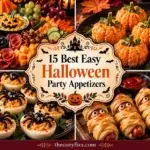 A collage of four Halloween-themed appetizers: a charcuterie board with pumpkin and ghost crackers, deviled eggs topped with black licorice spiders, orange rice balls shaped like pumpkins, and mummy-wrapped hot dogs with candy eyes.