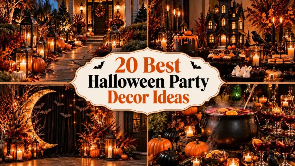 A collage of four Halloween party scenes featuring a candlelit walkway with pumpkins, a haunted house dessert table, a moon backdrop with string lights, and a steaming cauldron with drinks.