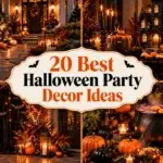 A collage of four Halloween party scenes featuring a candlelit walkway with pumpkins, a haunted house dessert table, a moon backdrop with string lights, and a steaming cauldron with drinks.