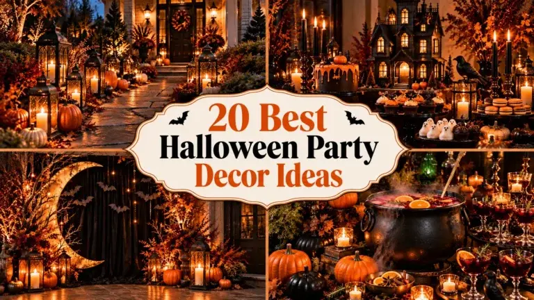 A collage of four Halloween party scenes featuring a candlelit walkway with pumpkins, a haunted house dessert table, a moon backdrop with string lights, and a steaming cauldron with drinks.