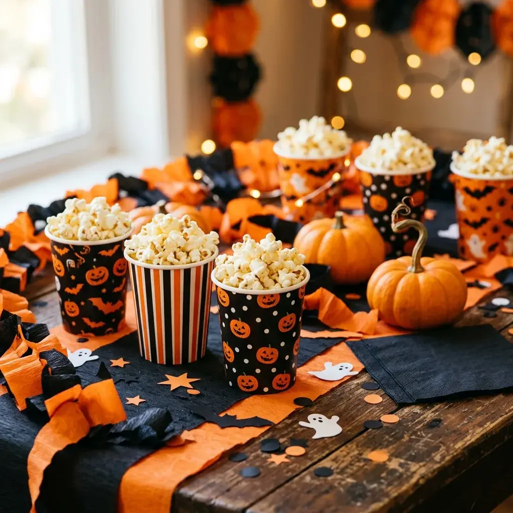 Paper cups filled with popcorn sit on a wooden table decorated with orange and black tissue paper, small pumpkins, and string lights.
