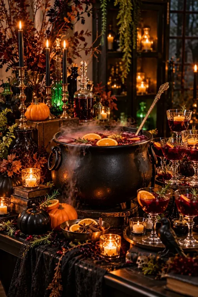 A dimly lit table featuring a steaming cauldron of punch, black candles, small pumpkins, and glassware filled with red liquid.