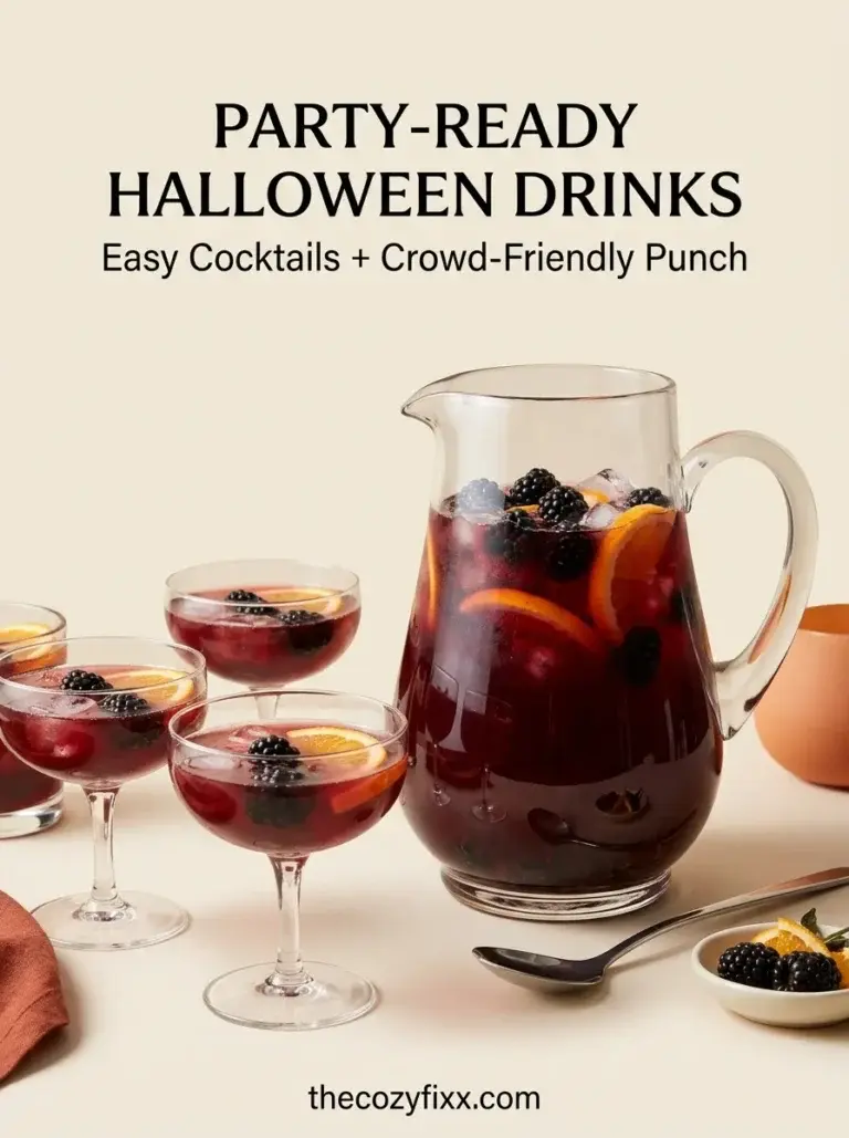 A glass pitcher filled with dark red punch, blackberries, and orange slices sits next to four coupe glasses containing the same drink.