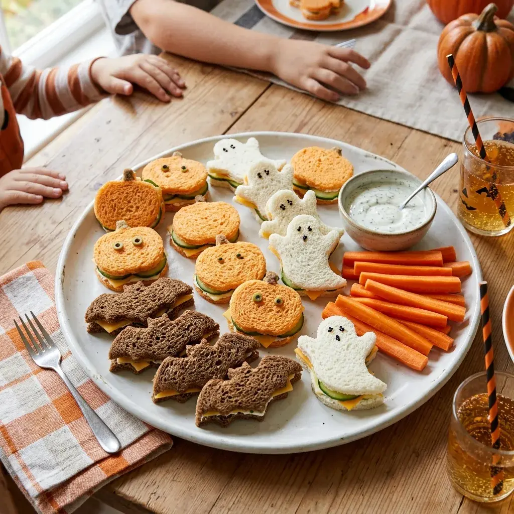A white platter filled with pumpkin, ghost, and bat-shaped sandwiches, carrot sticks, and a small bowl of dip on a wooden table.