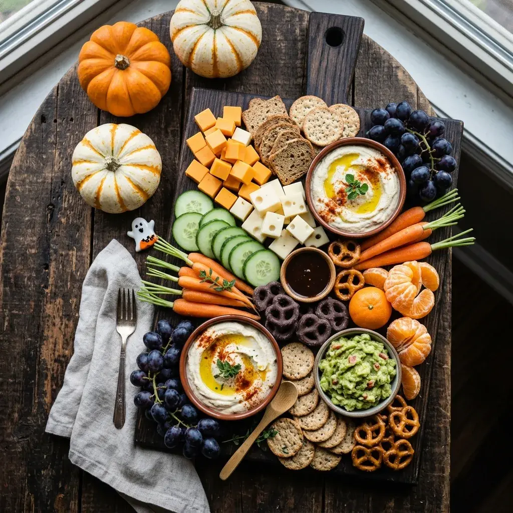 A rustic wooden board filled with a Halloween snack spread, featuring hummus, guacamole, cheese cubes, cucumber slices, baby carrots, grapes, crackers, pretzels, and small decorative pumpkins.