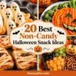 A collage of four Halloween-themed food displays featuring banana ghosts, mummy sandwiches, a carrot jack-o'-lantern, and a veggie platter.
