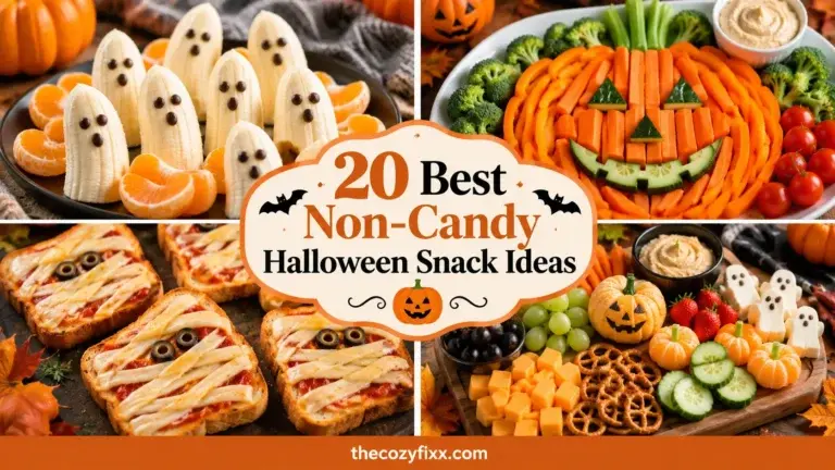 A collage of four Halloween-themed food displays featuring banana ghosts, mummy sandwiches, a carrot jack-o'-lantern, and a veggie platter.