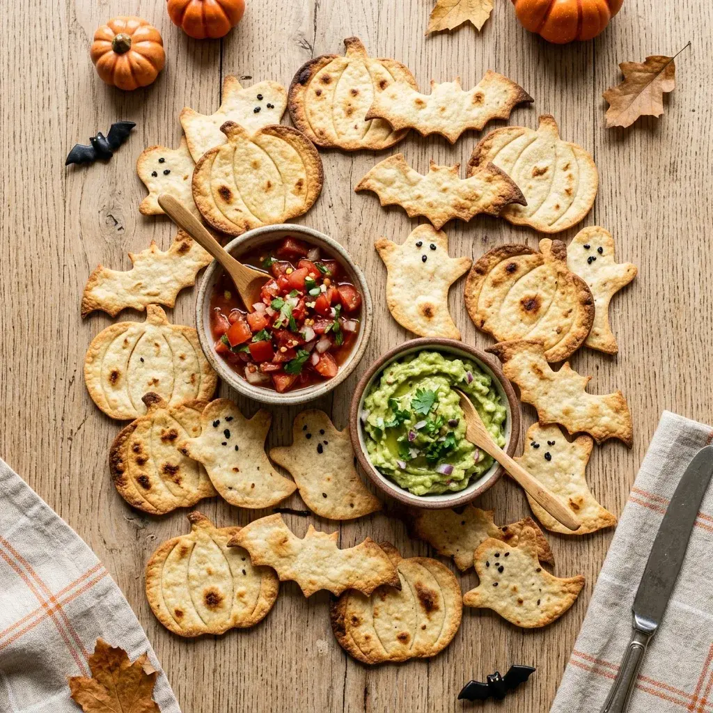 Baked tortilla chips cut into bat, ghost, and pumpkin shapes are arranged on a wooden table with bowls of salsa and guacamole.