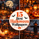 A four-panel collage of Halloween scenes featuring a haunted house, a black cat with pumpkins, a ghost, and a scarecrow under a full moon.