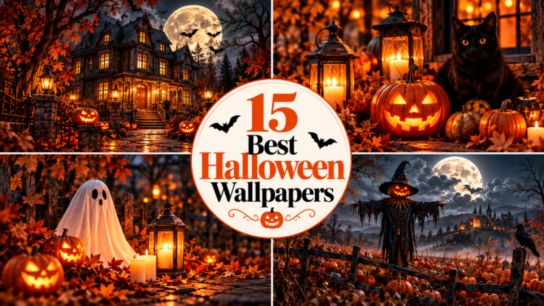 A four-panel collage of Halloween scenes featuring a haunted house, a black cat with pumpkins, a ghost, and a scarecrow under a full moon.