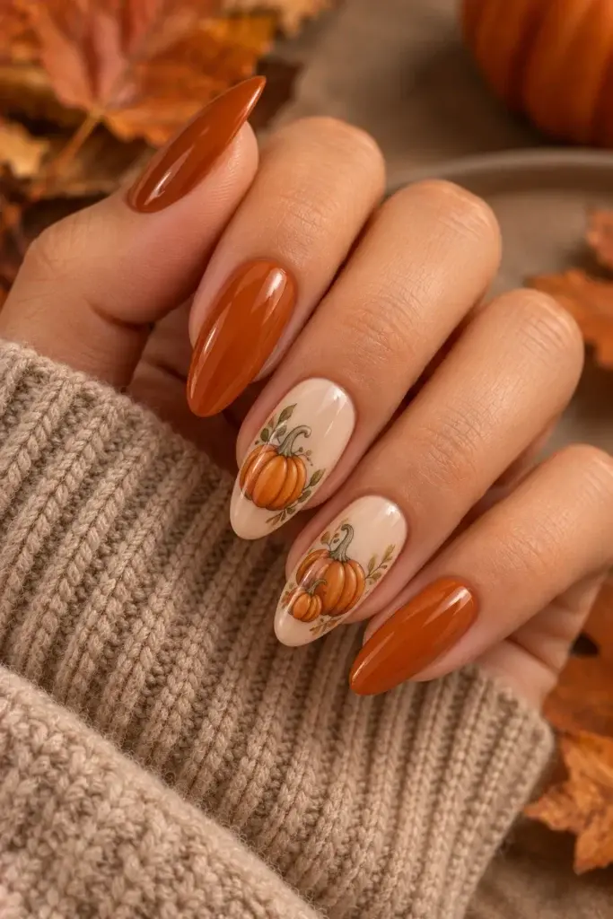A close-up of a hand with long almond nails featuring a mix of solid burnt orange polish and hand-painted pumpkin designs on a cream base, set against a beige knit sweater and autumn leaves.