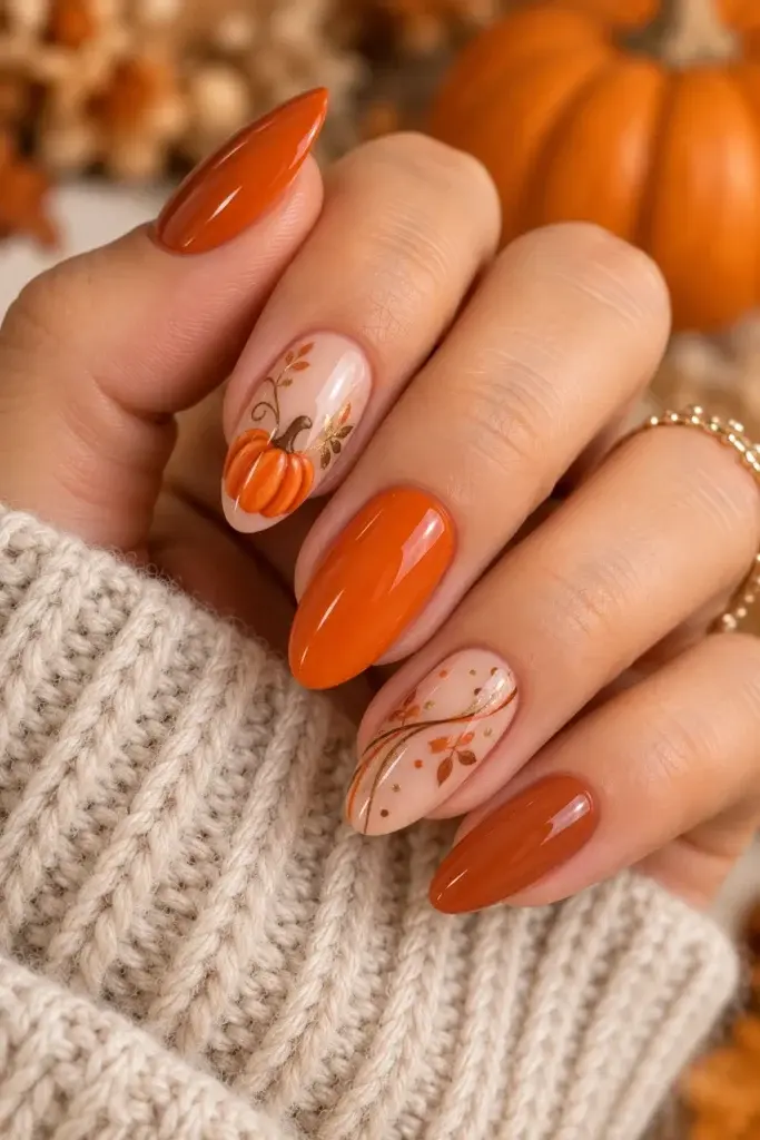 A close-up of a hand wearing a cream knit sweater, featuring long almond-shaped nails painted in glossy orange and nude with hand-painted pumpkin and leaf designs.