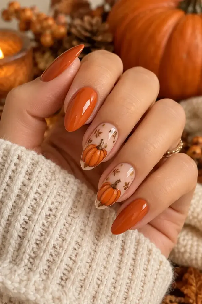 A close-up of a hand with long, almond-shaped nails featuring a mix of solid orange polish and hand-painted pumpkin designs on a light base, set against a background of a real pumpkin and a lit candle.