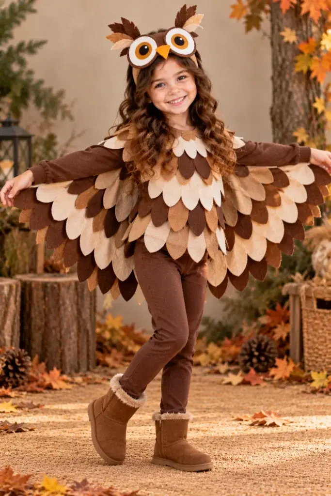 A young smiling girl wearing a DIY owl costume with layered felt wings and an owl headband among fall leaves.