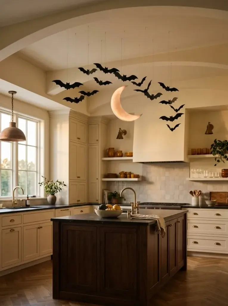 A kitchen with black bat cutouts and a glowing crescent moon suspended from the ceiling above a dark wood island.
