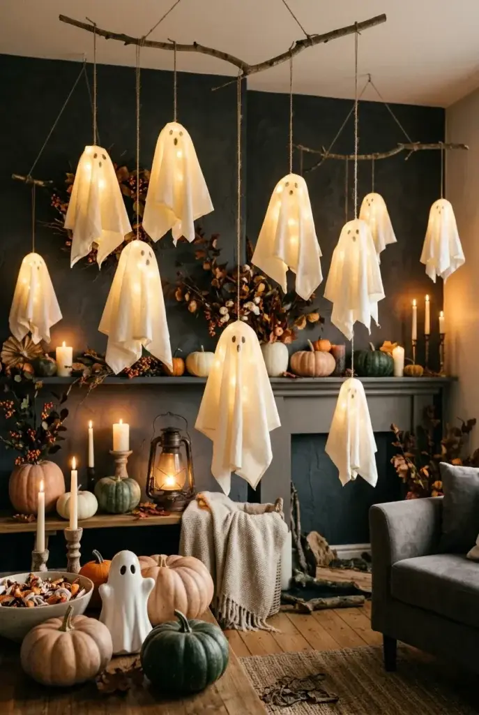 White fabric ghosts with string lights hang from a branch above a fireplace mantel decorated with pumpkins and candles.