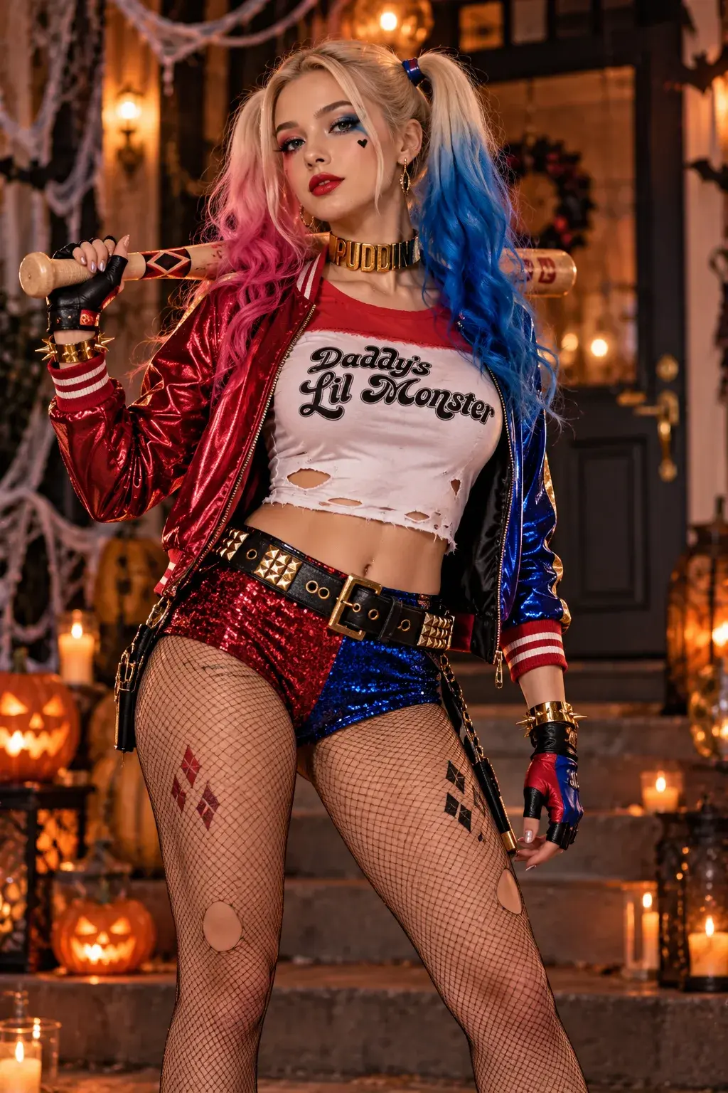 A person in a Harley Quinn costume with pink and blue pigtails, a red and blue jacket, and fishnet tights, holding a baseball bat in a Halloween-decorated setting.