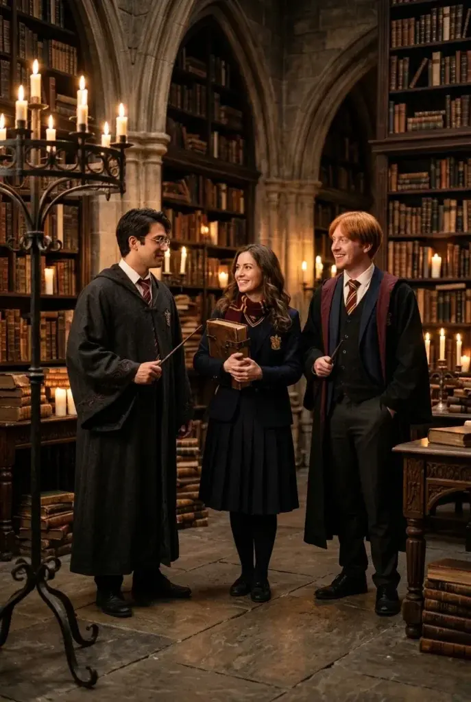 Three people dressed as Harry Potter characters standing in a candlelit library with bookshelves.