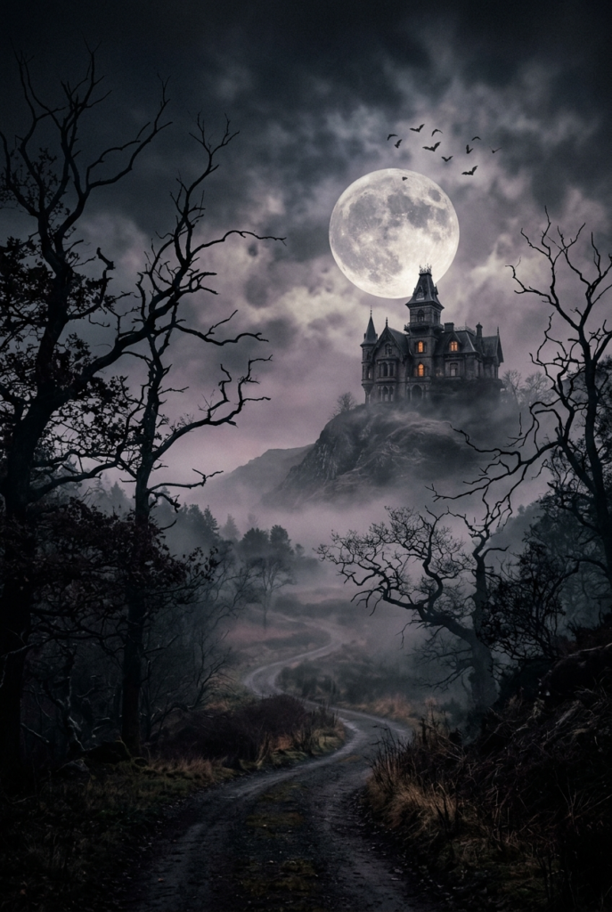 A dark, gothic castle with glowing windows sits atop a fog-covered hill, framed by bare trees and a winding dirt path under a cloudy night sky.