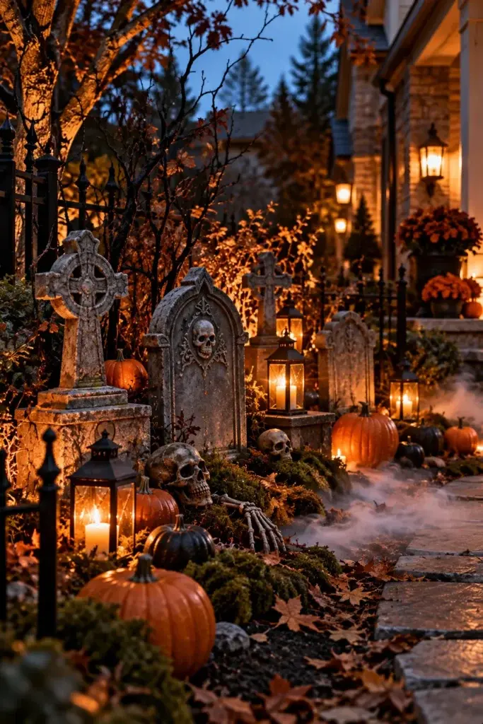 A spooky outdoor display featuring tombstones, skulls, and pumpkins illuminated by lanterns and low-lying fog on a stone path.
