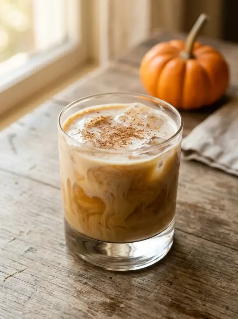 A glass of iced coffee cocktail with a creamy foam top and cinnamon dusting, sitting on a rustic wooden table next to a small orange pumpkin.