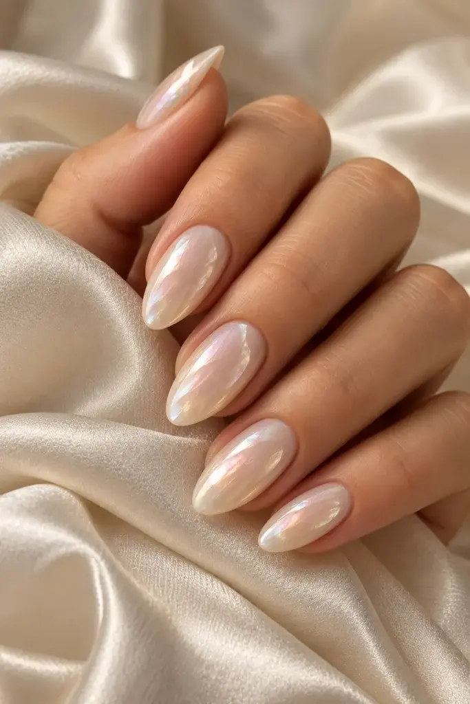 Close-up of almond-shaped nails with a pearlescent cream finish resting on draped ivory silk fabric.