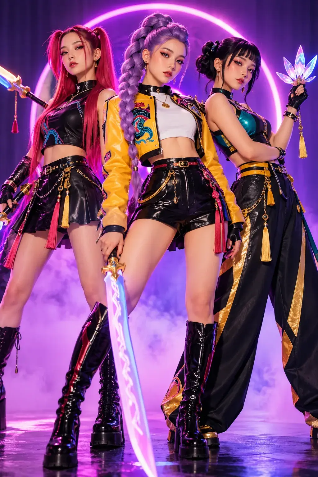 Three women in elaborate K-pop inspired costumes with bright wigs, leather outfits, and glowing props, posing against a purple neon background.