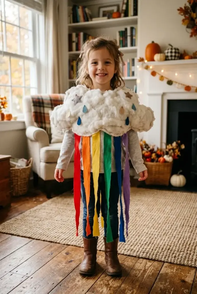A young girl smiles while wearing a fluffy white cloud costume with a rainbow tail and blue raindrop details, standing in a cozy living room.