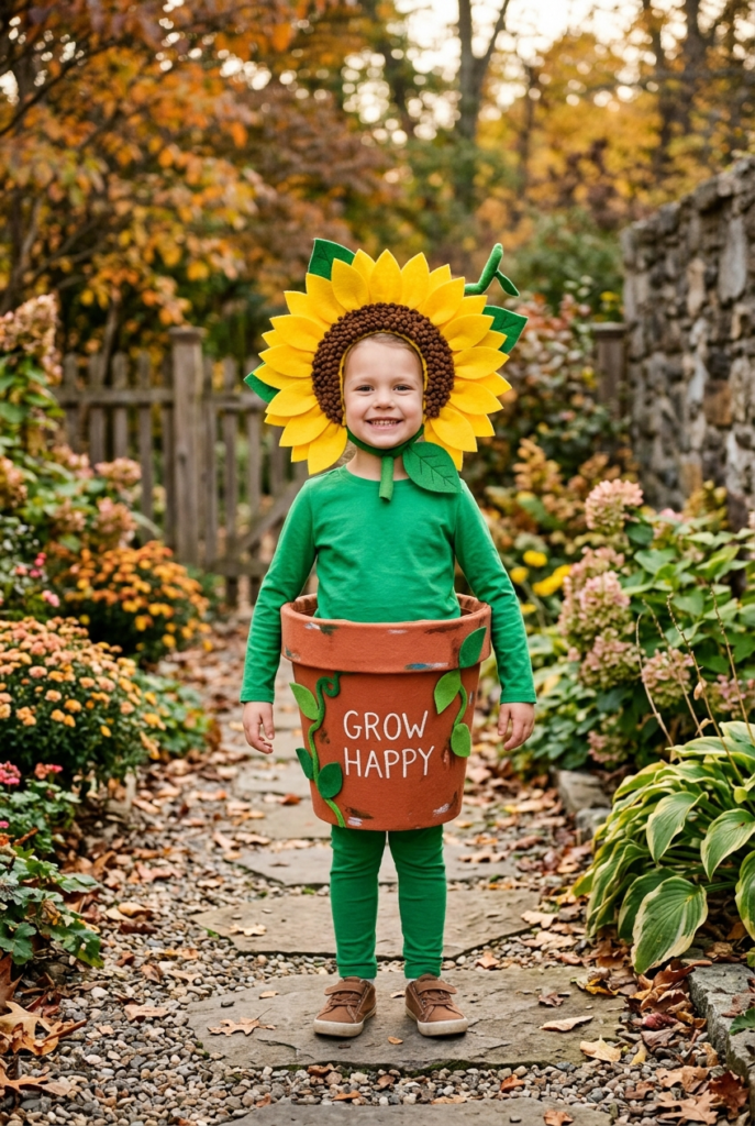 A young child stands on a stone path wearing a green long-sleeve shirt and a sunflower headpiece, with a terracotta pot costume around their waist that reads 'Grow Happy'.