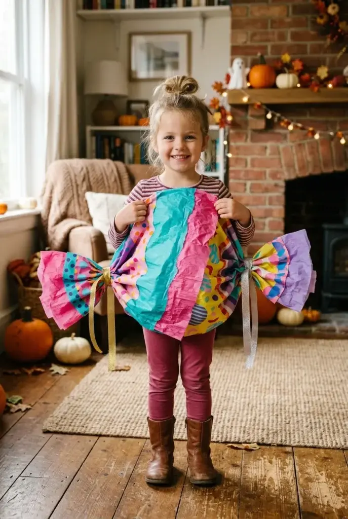 A young girl stands in a living room wearing a colorful, handmade candy costume made from crinkled paper, with a brick fireplace and pumpkins in the background.