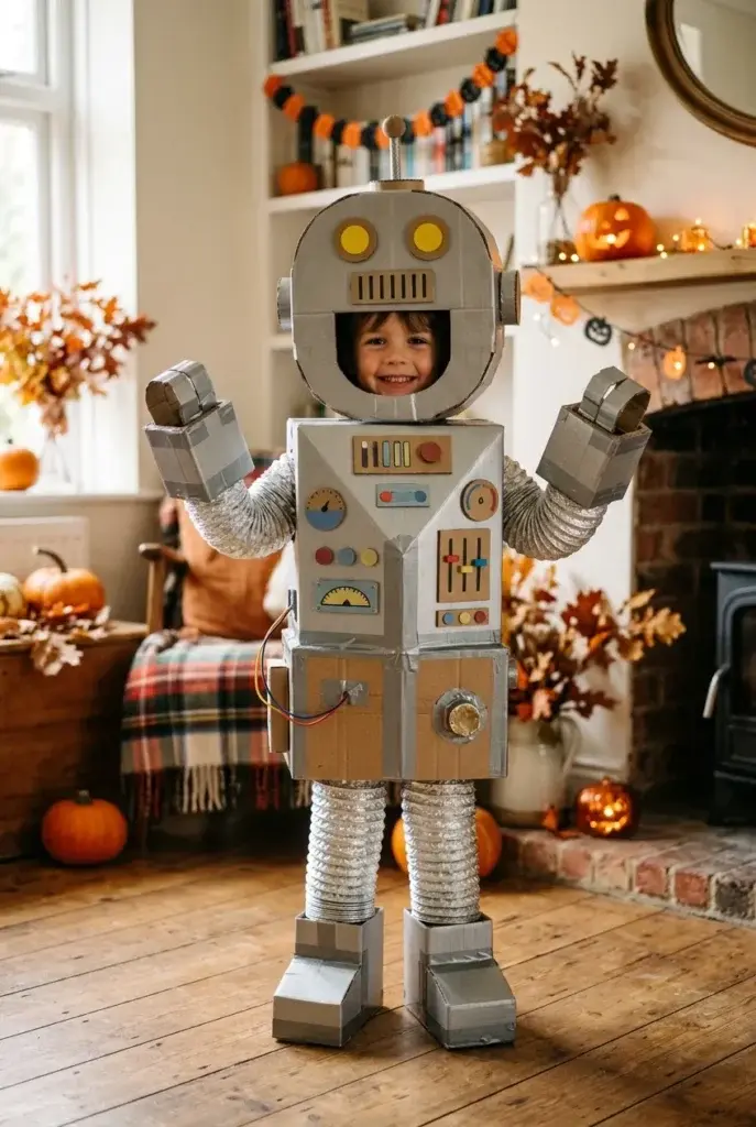 A child wearing a homemade robot costume made of cardboard, duct tape, and flexible silver tubing, standing in a living room decorated with pumpkins and fall foliage.