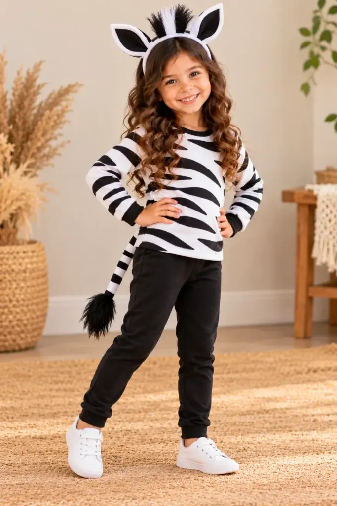 A young girl with curly hair wearing a black and white zebra sweater, matching headband with ears, and a striped tail accessory.