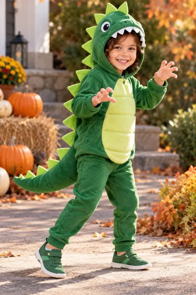 A young child wearing a green dinosaur onesie with a hood and tail, standing on a paved path with pumpkins and autumn foliage in the background.
