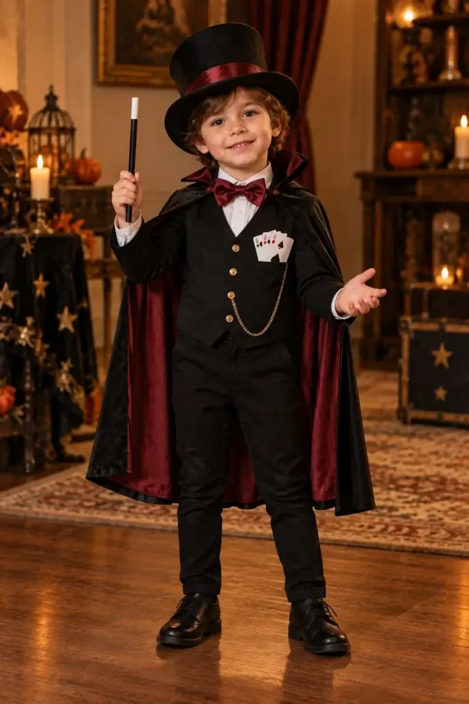 A young boy dressed as a magician in a black top hat, cape, and suit, holding a wand and playing cards in a room with candles.